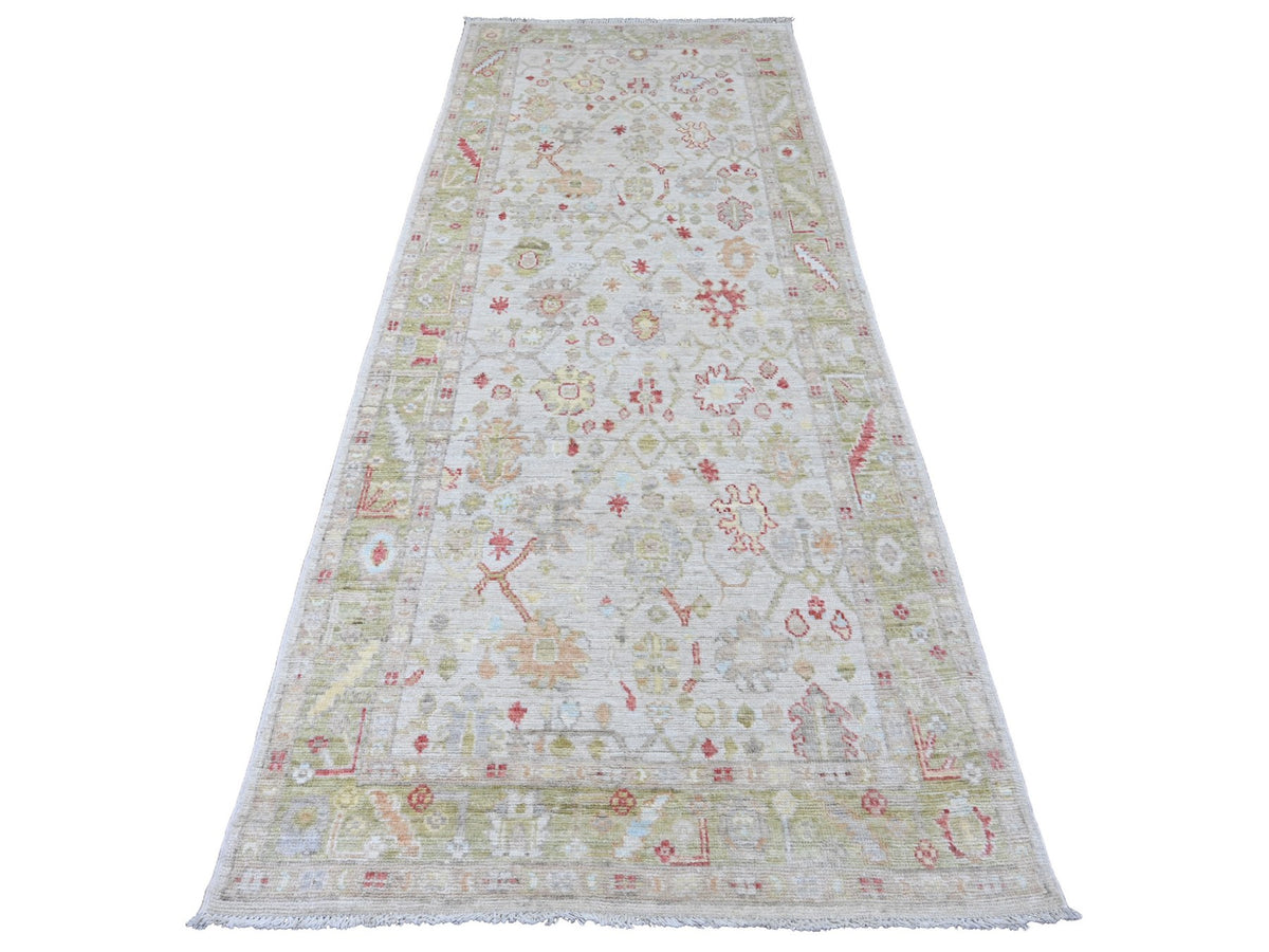 Oushak Oushak hand-knotted wool runner in Ivory & Green, 3'11" x 9'10" — SKU O020486