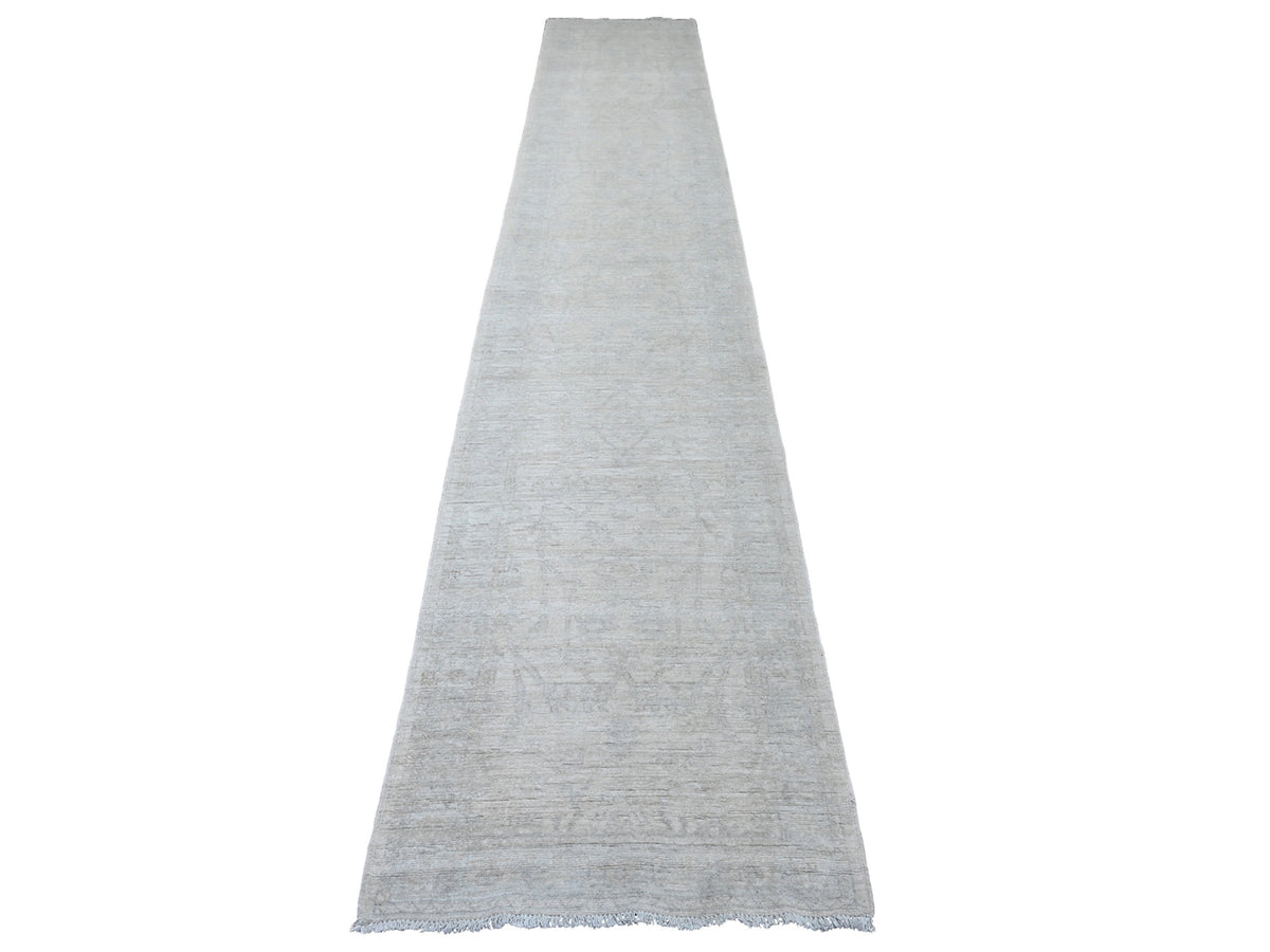 Peshawar Oushak hand-knotted wool runner in Ivory & Light Gray, 2'8" x 14'11" — SKU O020501