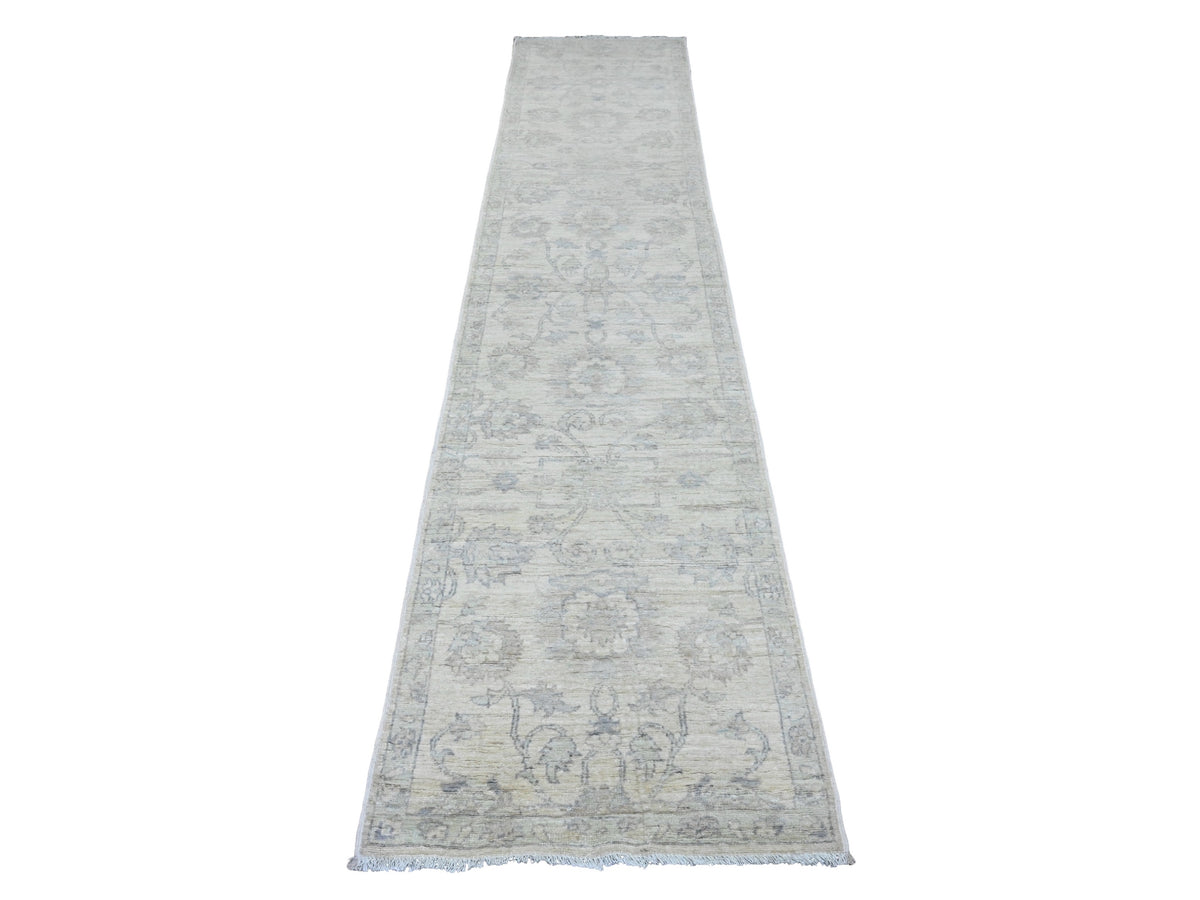 Peshawar Oushak hand-knotted wool runner in Ivory & Gray, 2'5" x 11'7" — SKU O020502
