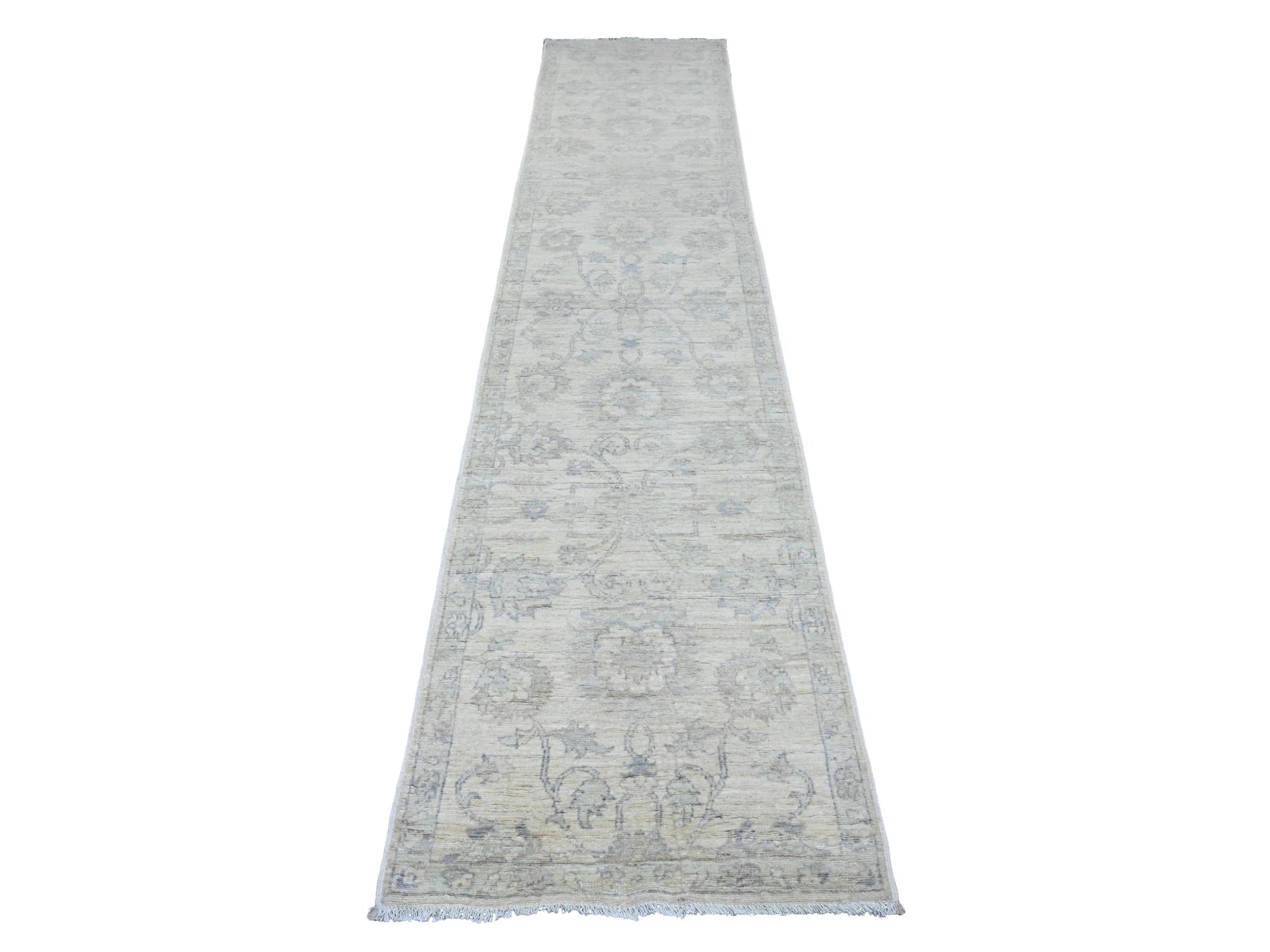 Peshawar Oushak hand-knotted wool runner in Ivory & Gray, 2'5" x 11'7" — SKU O020502