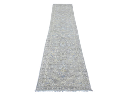 Grey 2'8" x 11'9" Oushak And Peshawar Hand knotted Wool Rug - Sku: O020504