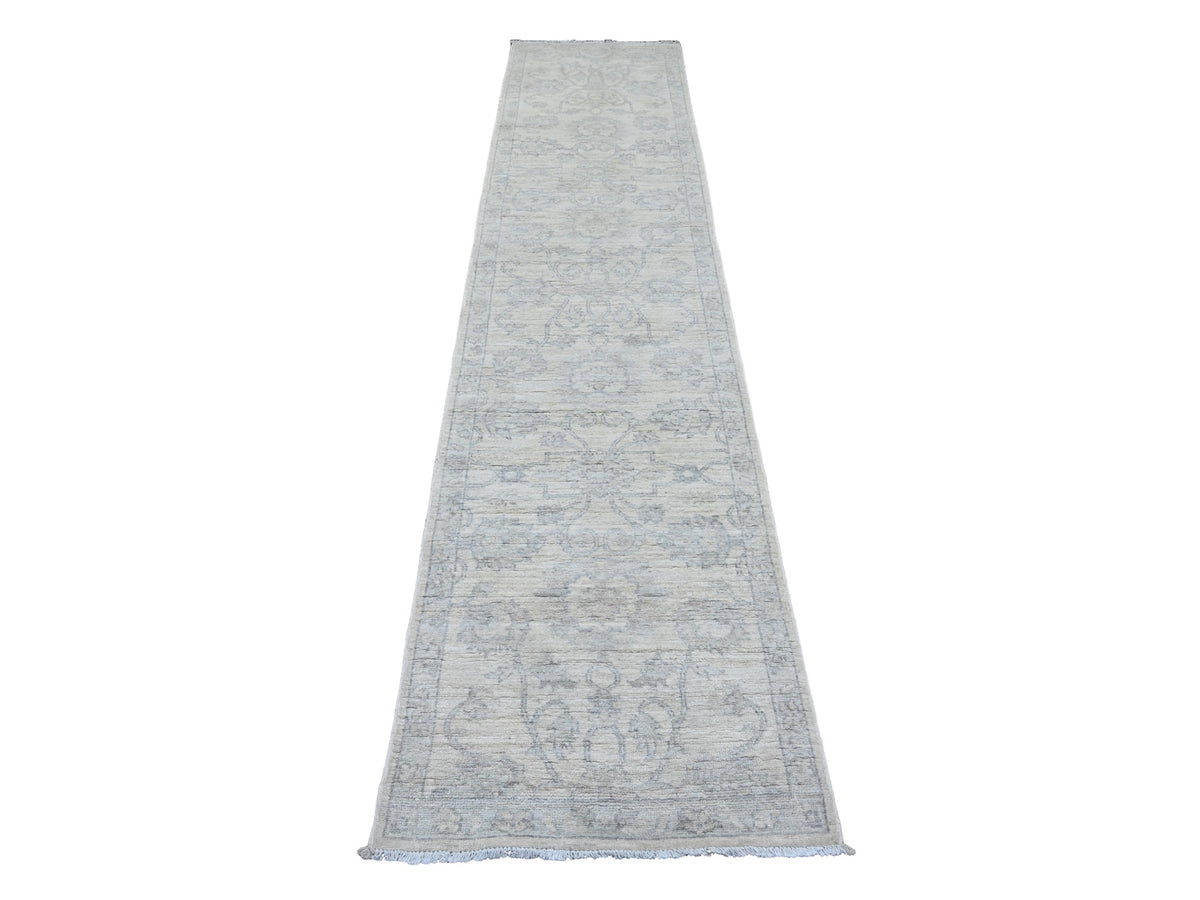 Peshawar Oushak hand-knotted wool runner in Ivory & Gray, 2'5" x 11'1" — SKU O020509