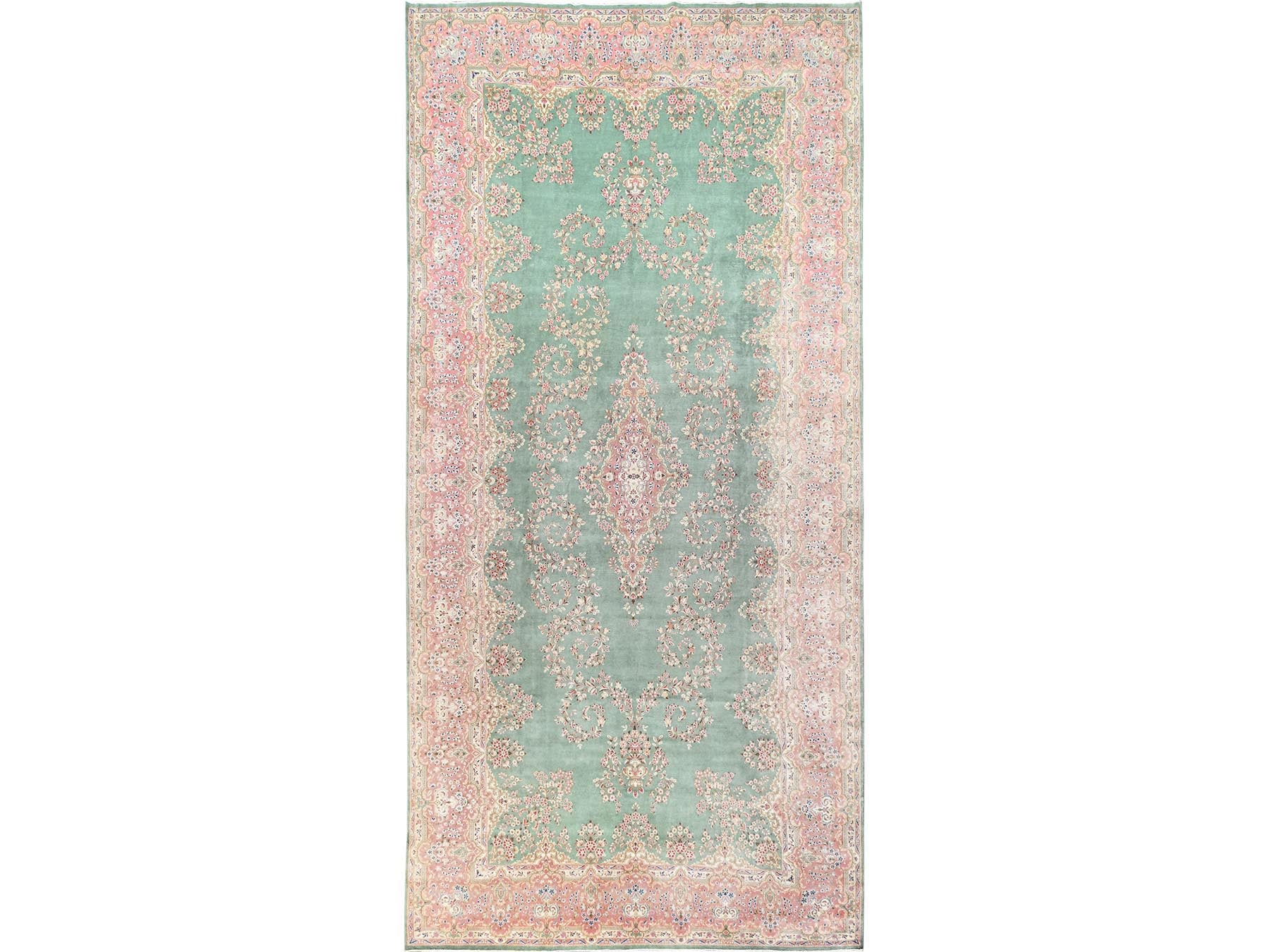 Kerman Vintage hand-knotted wool rug in Green & Pink, 9'7" x 20' — SKU O02050