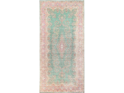 Kerman Vintage hand-knotted wool rug in Green & Pink, 9'7" x 20' — SKU O02050
