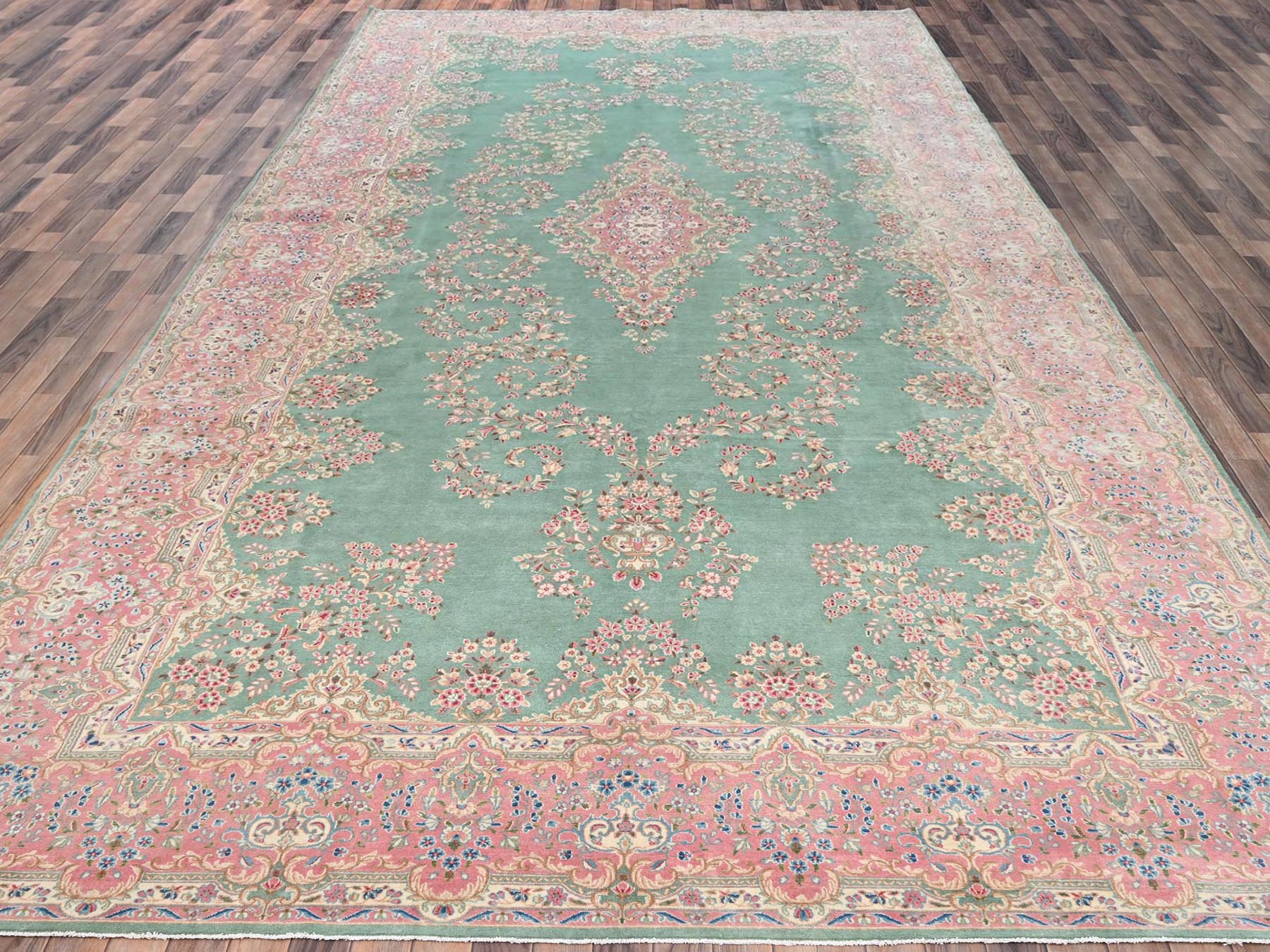 Kerman Vintage hand-knotted wool rug in Green & Pink, 9'7" x 20' — SKU O02050 (view 2)