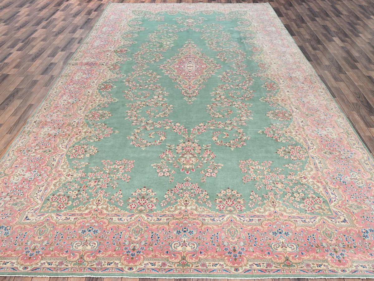 Kerman Vintage hand-knotted wool rug in Green & Pink, 9'7" x 20' — SKU O02050 (view 2)