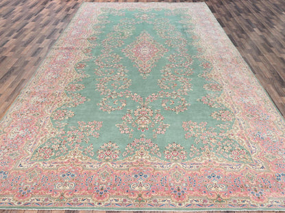 Kerman Vintage hand-knotted wool rug in Green & Pink, 9'7" x 20' — SKU O02050 (view 2)