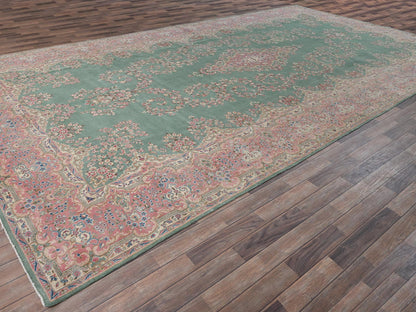 Kerman Vintage hand-knotted wool rug in Green & Pink, 9'7" x 20' — SKU O02050 (view 3)