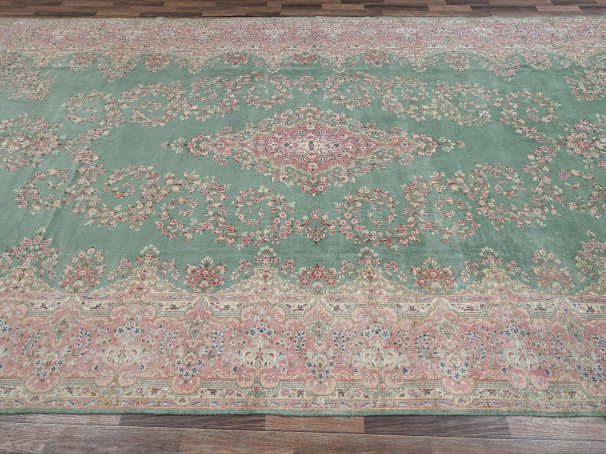 Kerman Vintage hand-knotted wool rug in Green & Pink, 9'7" x 20' — SKU O02050 (view 4)