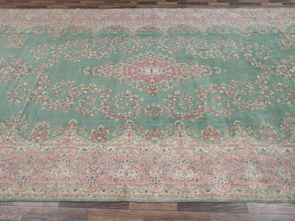 Kerman Vintage hand-knotted wool rug in Green & Pink, 9'7" x 20' — SKU O02050 (view 4)