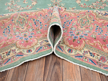Kerman Vintage hand-knotted wool rug in Green & Pink, 9'7" x 20' — SKU O02050 (view 6)