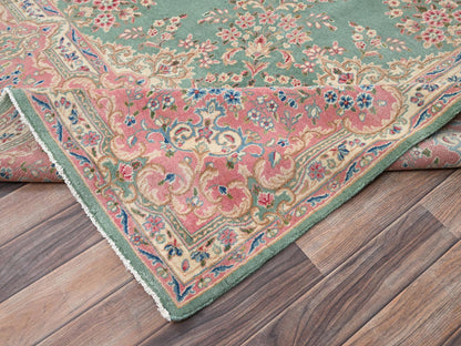 Kerman Vintage hand-knotted wool rug in Green & Pink, 9'7" x 20' — SKU O02050 (view 7)