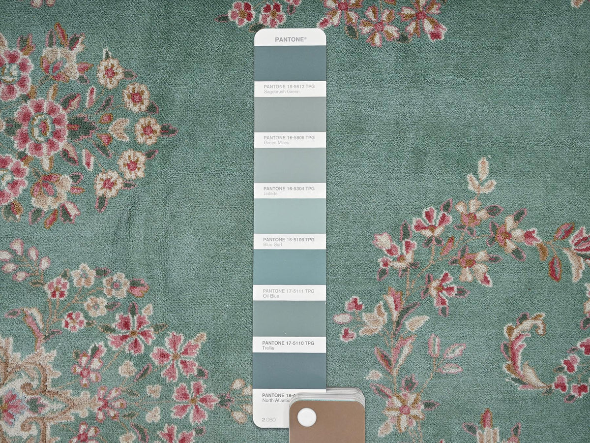 Kerman Vintage hand-knotted wool rug in Green & Pink, 9'7" x 20' — SKU O02050 (view 8)
