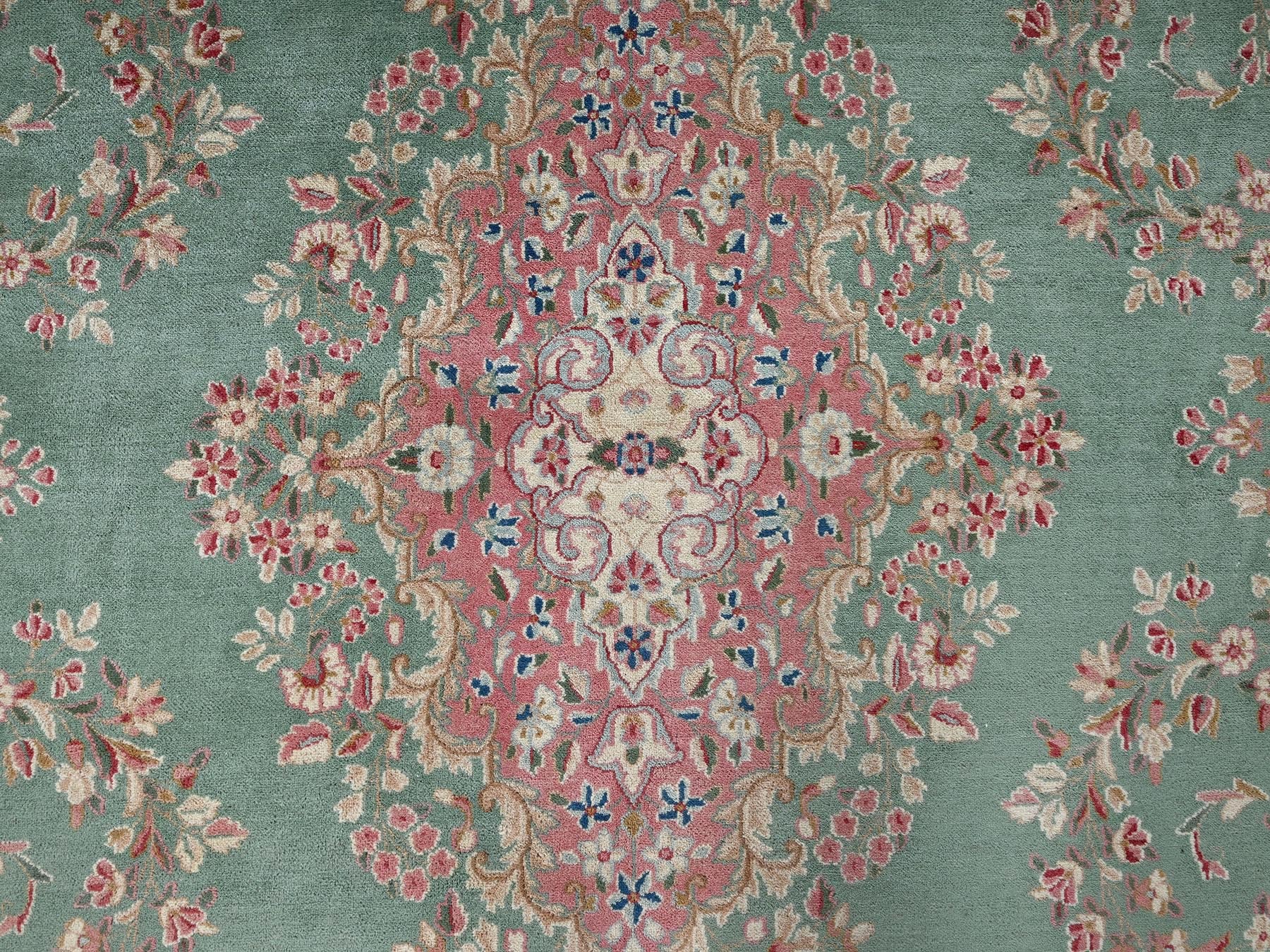 Kerman Vintage hand-knotted wool rug in Green & Pink, 9'7" x 20' — SKU O02050 (view 9)
