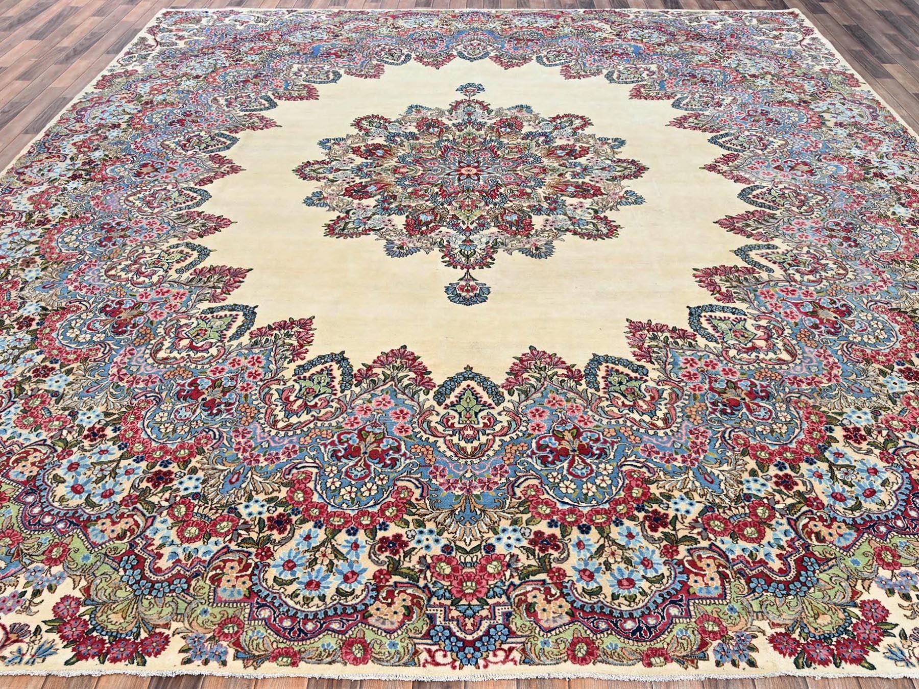 Ivory 11'8" x 13'7" Vintage Hand knotted Wool Rug - Sku: O02051