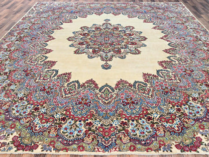 Ivory 11'8" x 13'7" Vintage Hand knotted Wool Rug - Sku: O02051