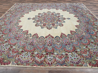 Ivory 11'8" x 13'7" Vintage Hand knotted Wool Rug - Sku: O02051