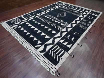 Black 9'4" x 12'10" Tribal & Geometric Hand knotted Wool Rug - Sku: O020524