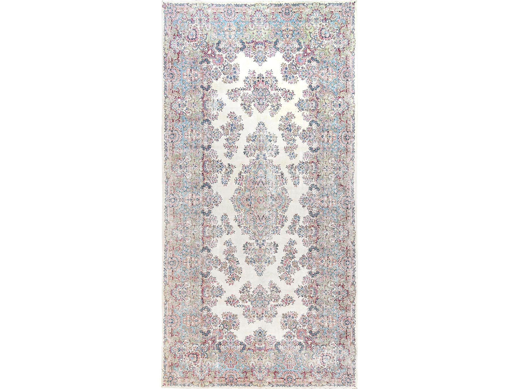 Kerman Vintage hand-knotted wool rug in Ivory & Light Blue, 9'10" x 19'7" — SKU O02052