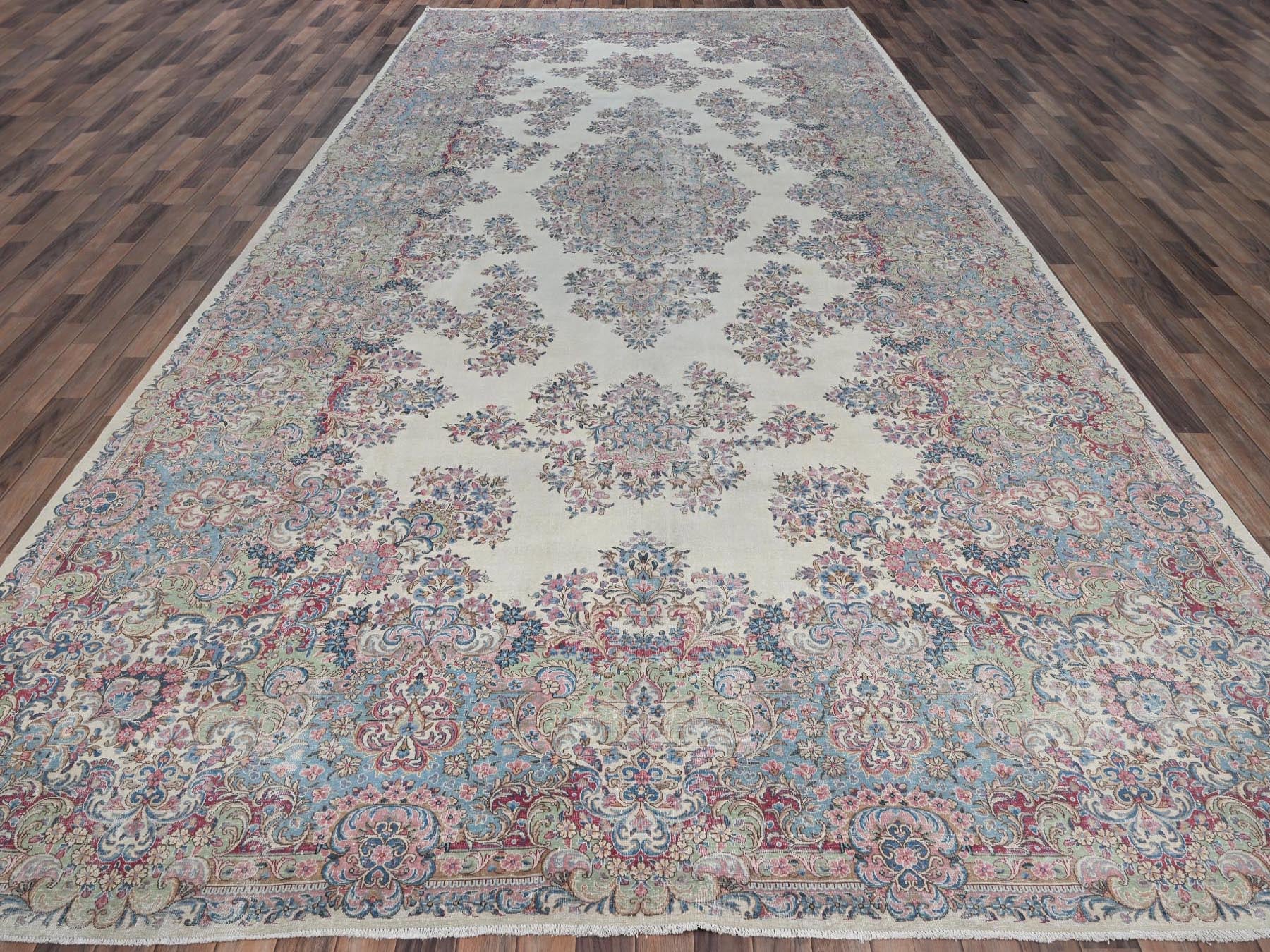 Kerman Vintage hand-knotted wool rug in Ivory & Light Blue, 9'10" x 19'7" — SKU O02052 (view 2)