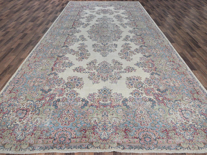 Kerman Vintage hand-knotted wool rug in Ivory & Light Blue, 9'10" x 19'7" — SKU O02052 (view 2)