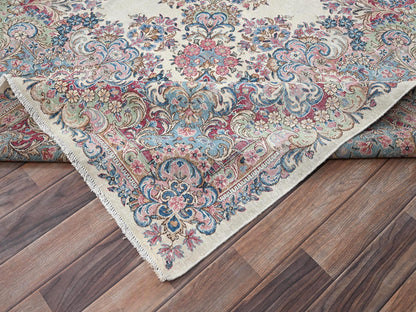 Kerman Vintage hand-knotted wool rug in Ivory & Light Blue, 9'10" x 19'7" — SKU O02052 (view 7)