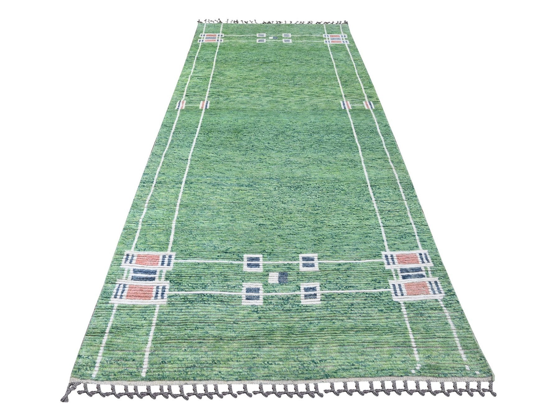 Tribal & Geometric hand-knotted wool runner in Green, 5'1" x 12'3" — SKU O020548