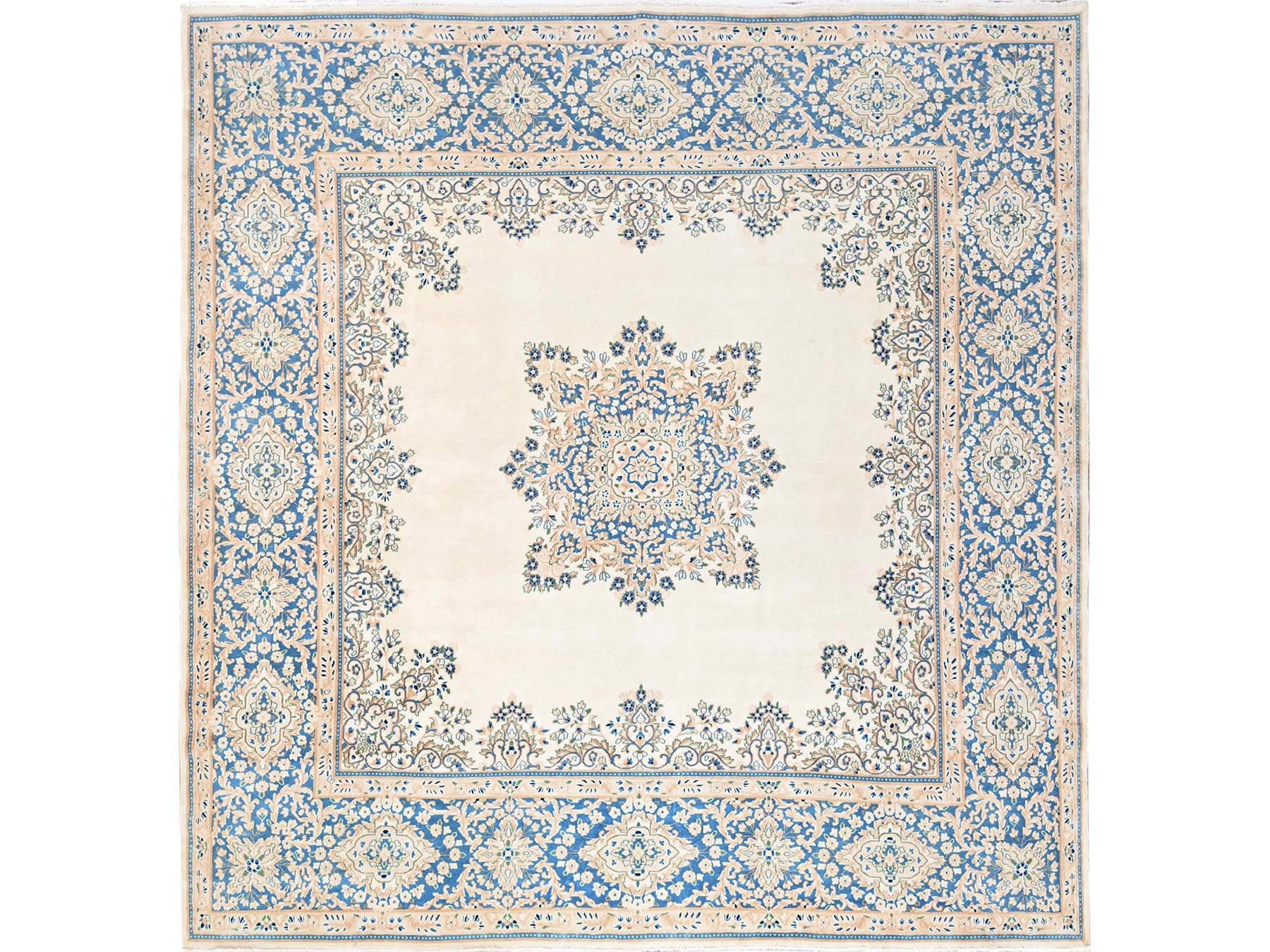 Kerman Vintage hand-knotted wool rug in Ivory & Blue, 9'7" x 10' — SKU O02054