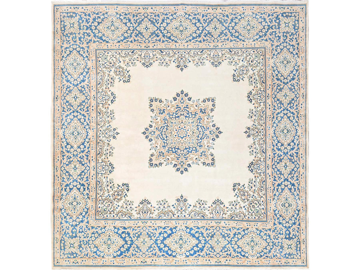 Kerman Vintage hand-knotted wool rug in Ivory & Blue, 9'7" x 10' — SKU O02054