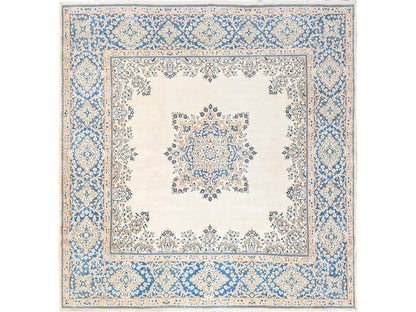Kerman Vintage hand-knotted wool rug in Ivory & Blue, 9'7" x 10' — SKU O02054