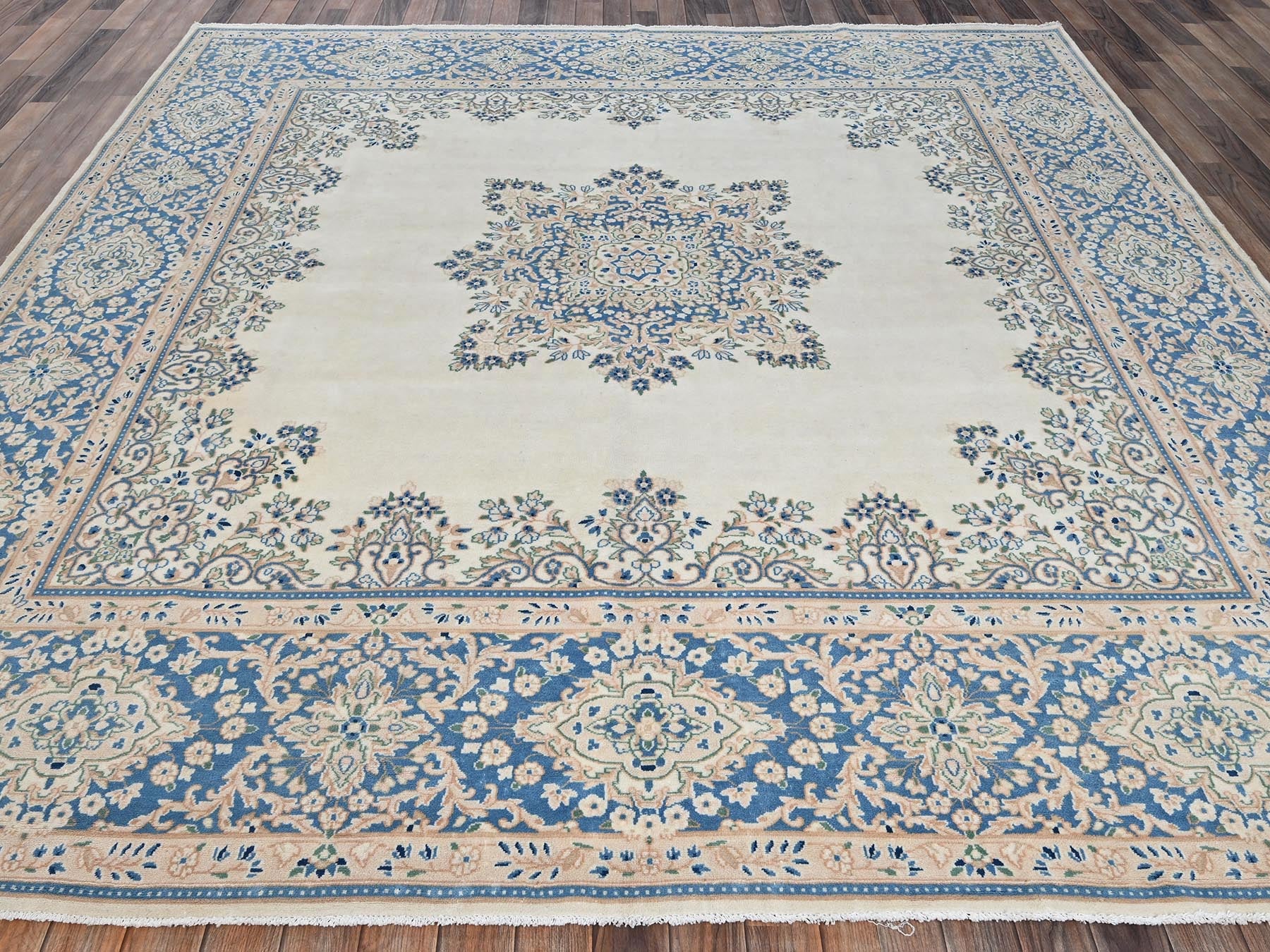 Kerman Vintage hand-knotted wool rug in Ivory & Blue, 9'7" x 10' — SKU O02054 (view 2)