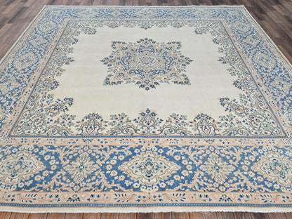 Kerman Vintage hand-knotted wool rug in Ivory & Blue, 9'7" x 10' — SKU O02054 (view 2)
