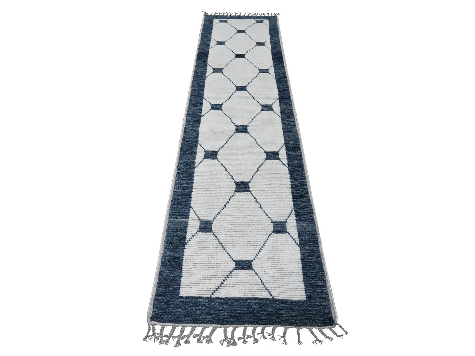 Tribal & Geometric hand-knotted wool runner in Ivory & Blue, 2'6" x 10'4" — SKU O020552