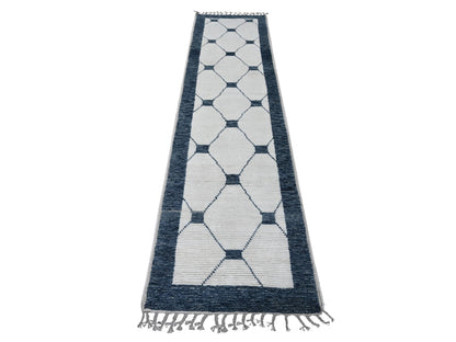 Tribal & Geometric hand-knotted wool runner in Ivory & Blue, 2'6" x 10'4" — SKU O020552