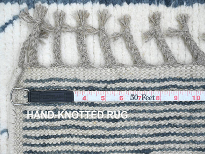 Tribal & Geometric hand-knotted wool runner in Ivory & Blue, 2'6" x 10'4" — SKU O020552 (view 6)