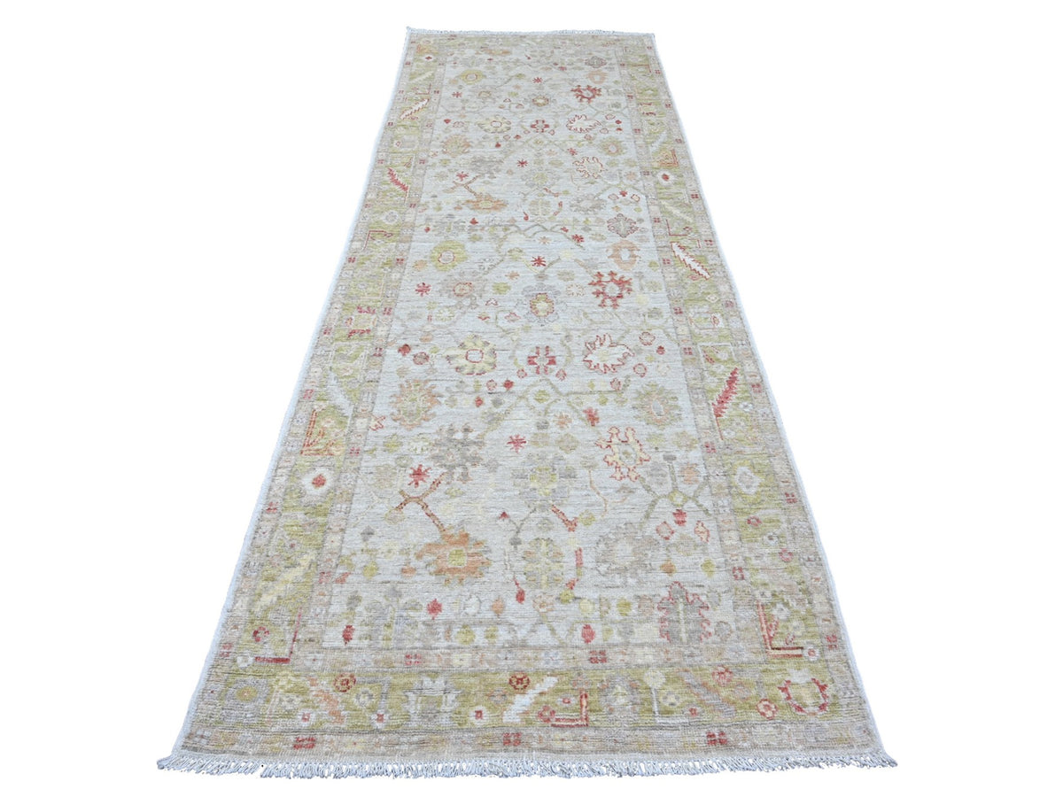 Oushak Oushak hand-knotted wool runner in Ivory & Green, 4' x 11'9" — SKU O020571