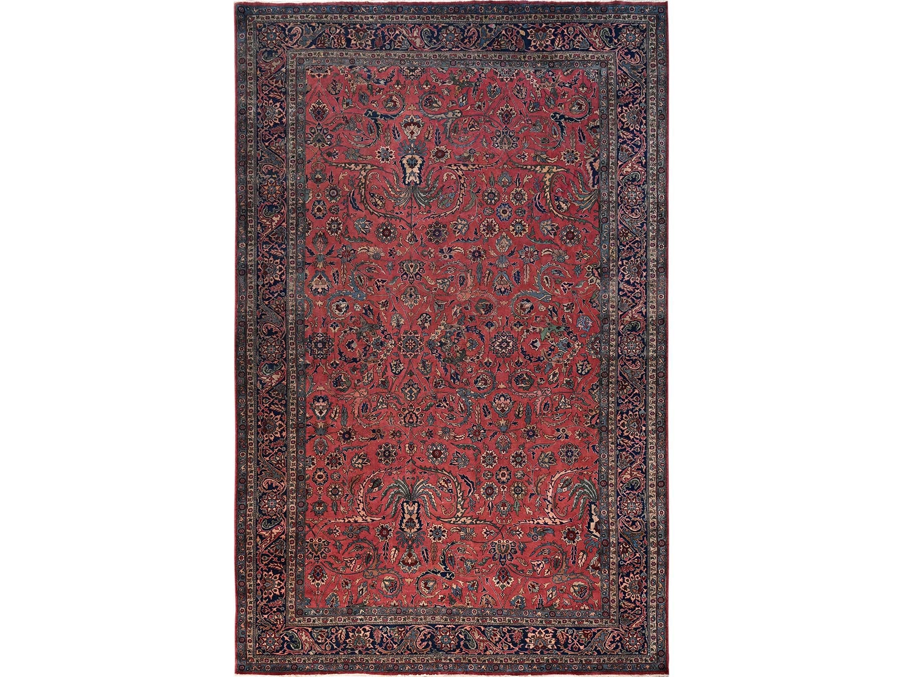 Antique hand-knotted wool rug in Red & Midnight Blue, 13'2" x 20'8" — SKU O02057