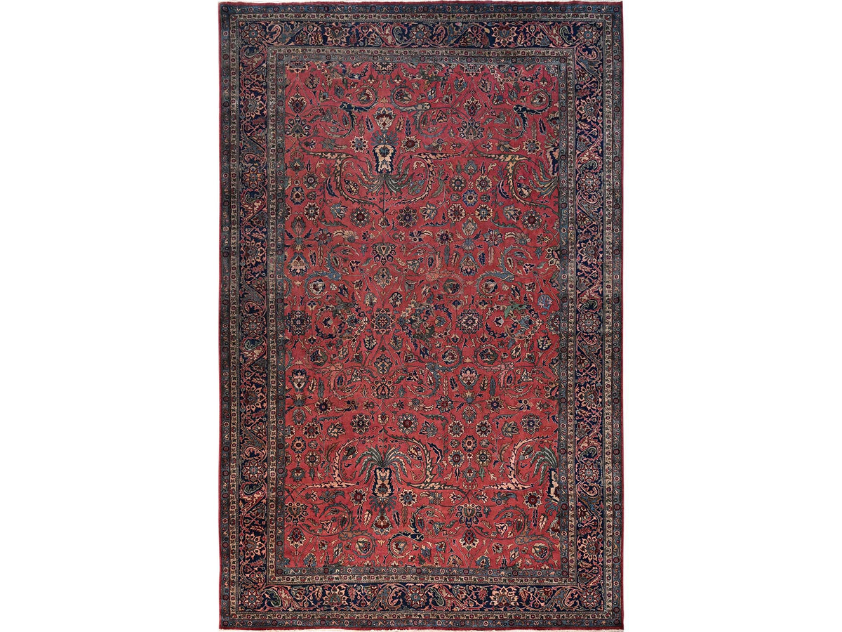 Antique hand-knotted wool rug in Red & Midnight Blue, 13'2" x 20'8" — SKU O02057