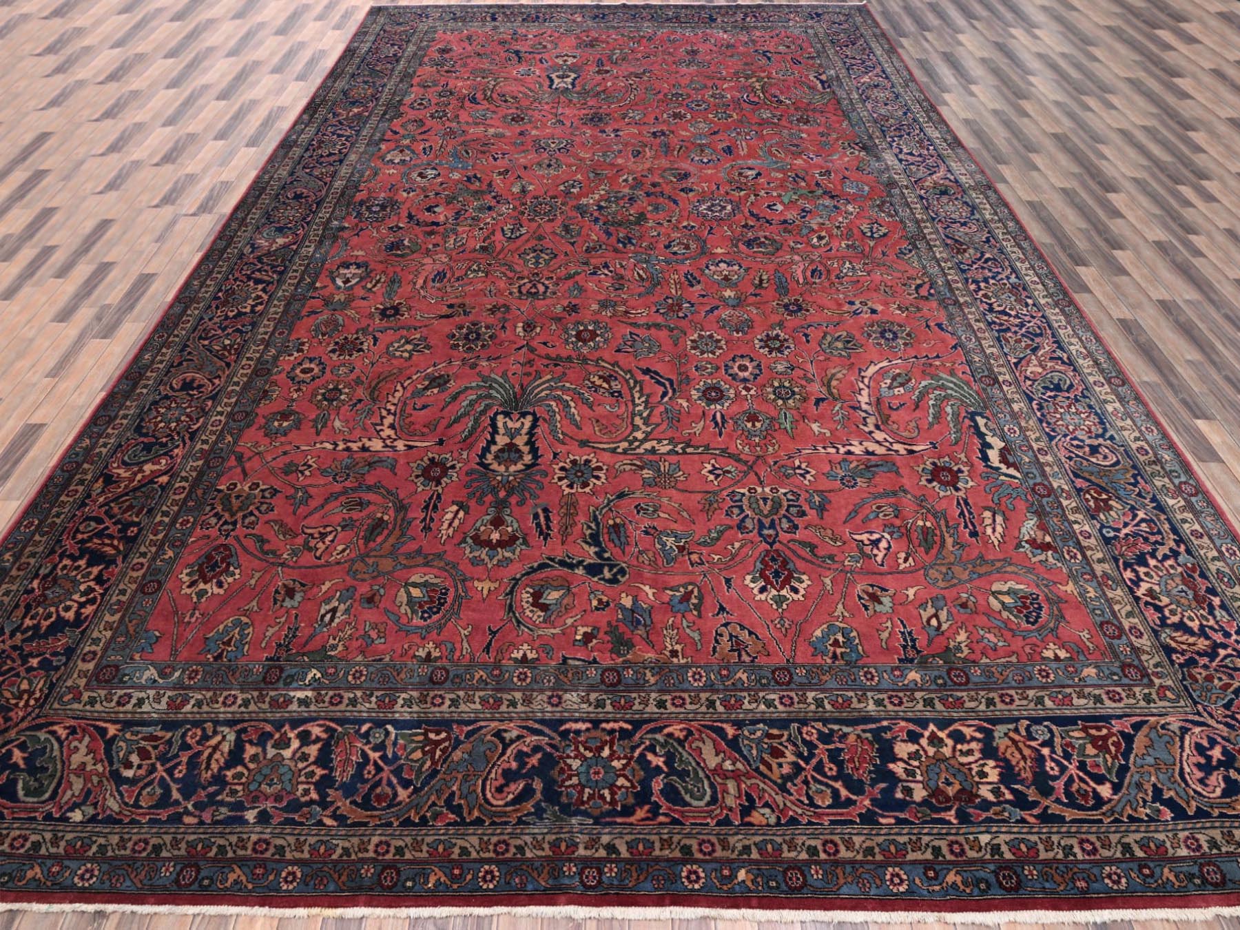 Antique hand-knotted wool rug in Red & Midnight Blue, 13'2" x 20'8" — SKU O02057 (view 2)
