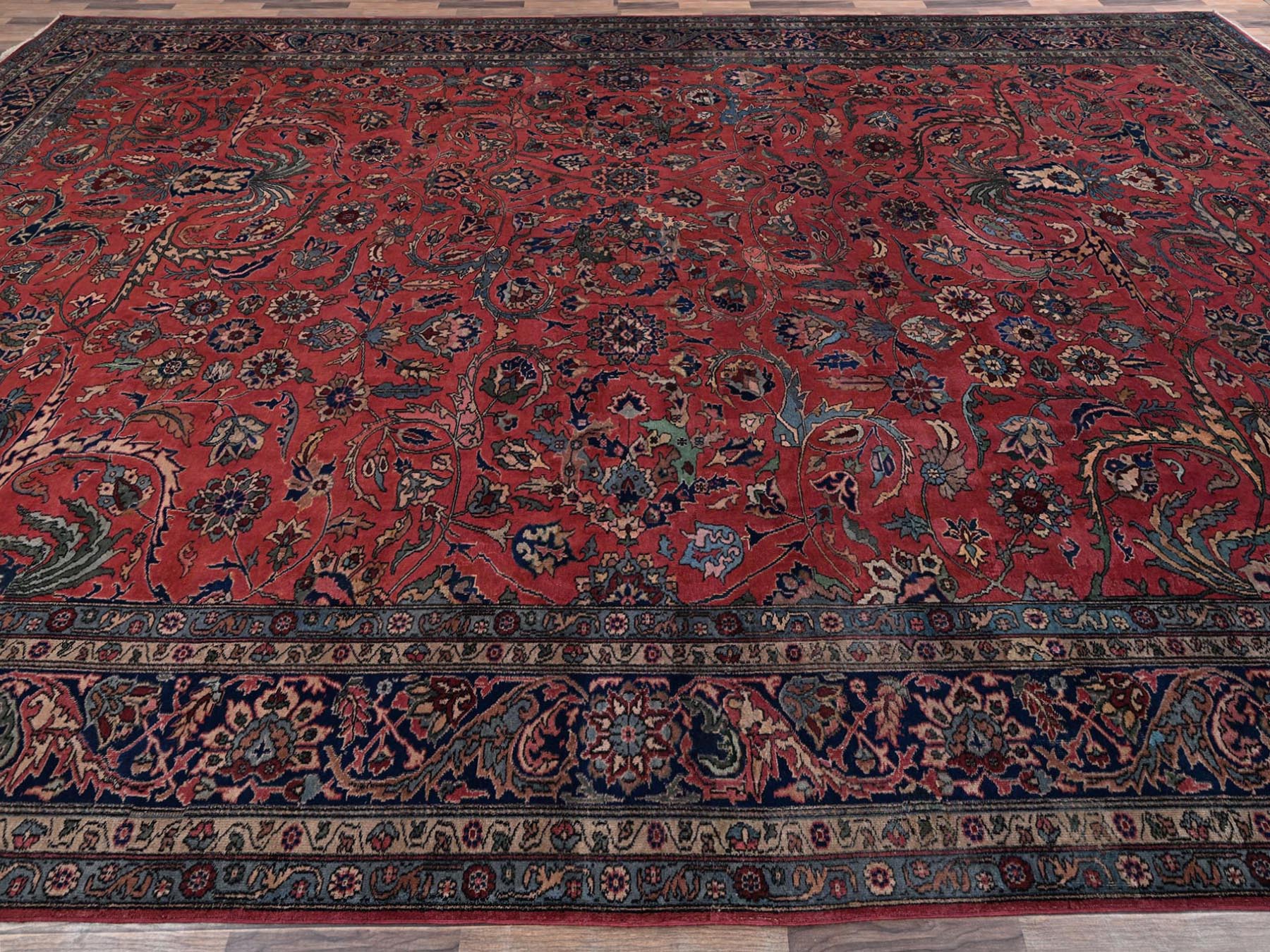 Antique hand-knotted wool rug in Red & Midnight Blue, 13'2" x 20'8" — SKU O02057 (view 4)
