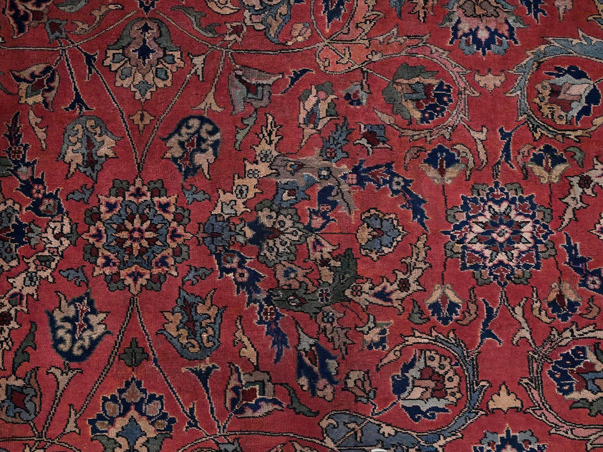 Antique hand-knotted wool rug in Red & Midnight Blue, 13'2" x 20'8" — SKU O02057 (view 9)