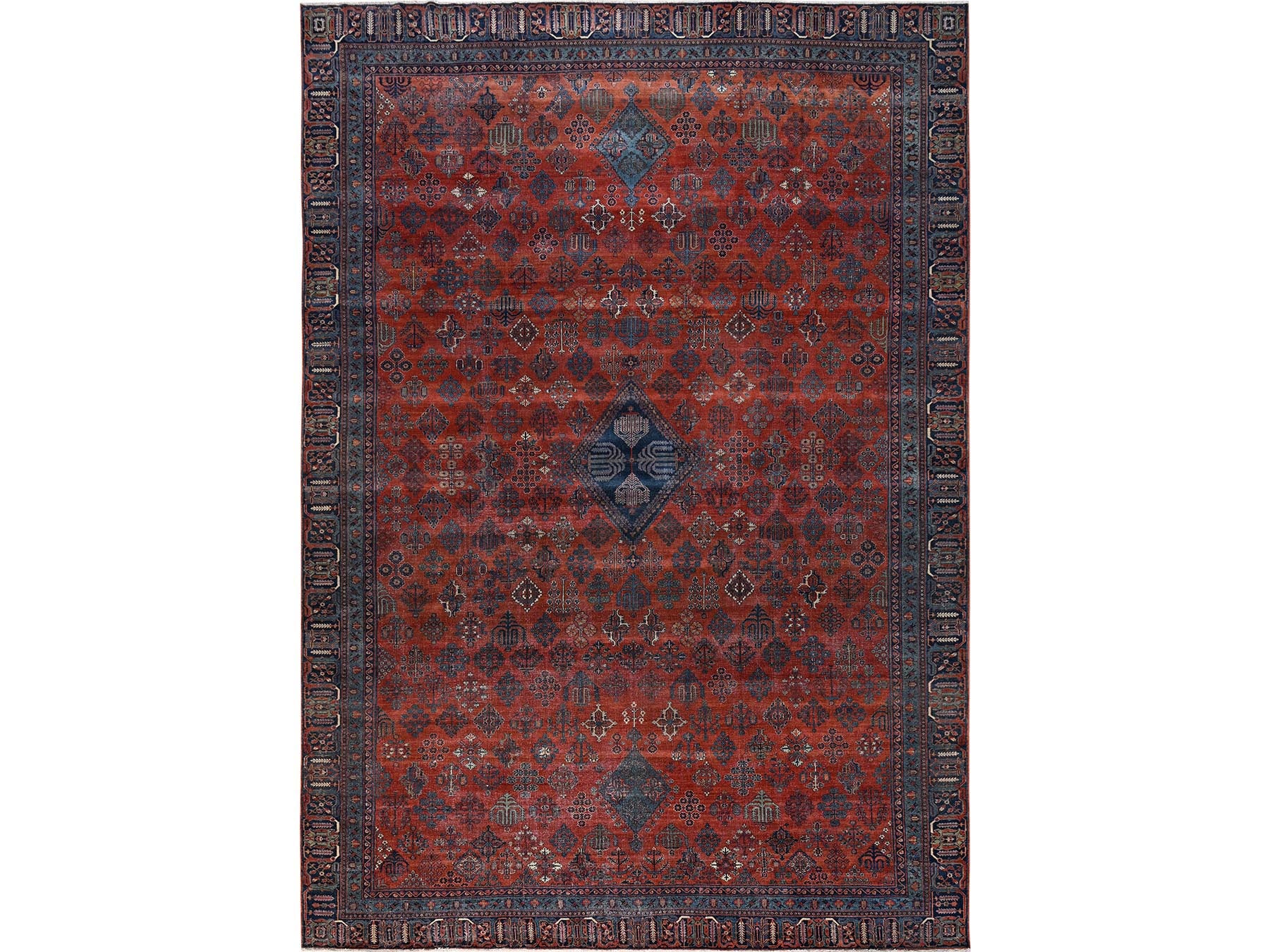 Antique hand-knotted wool rug in Red & Blue, 12'6" x 17'9" — SKU O02058