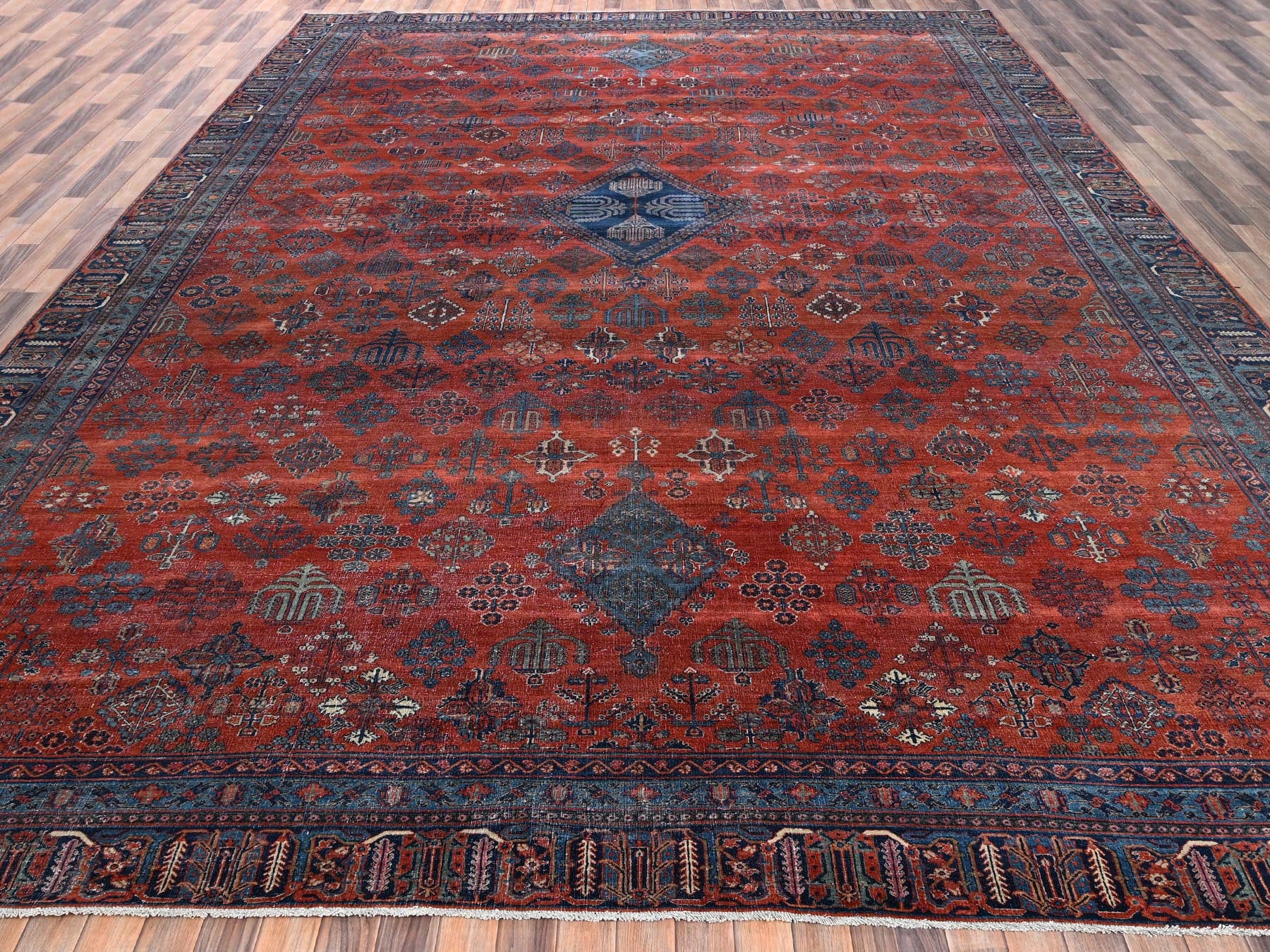 Antique hand-knotted wool rug in Red & Blue, 12'6" x 17'9" — SKU O02058 (view 2)