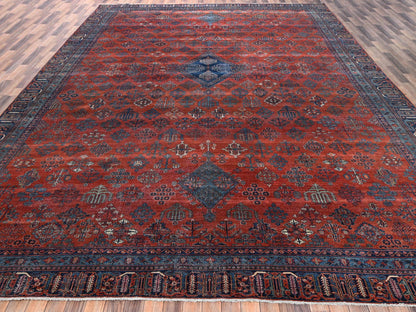 Antique hand-knotted wool rug in Red & Blue, 12'6" x 17'9" — SKU O02058 (view 2)