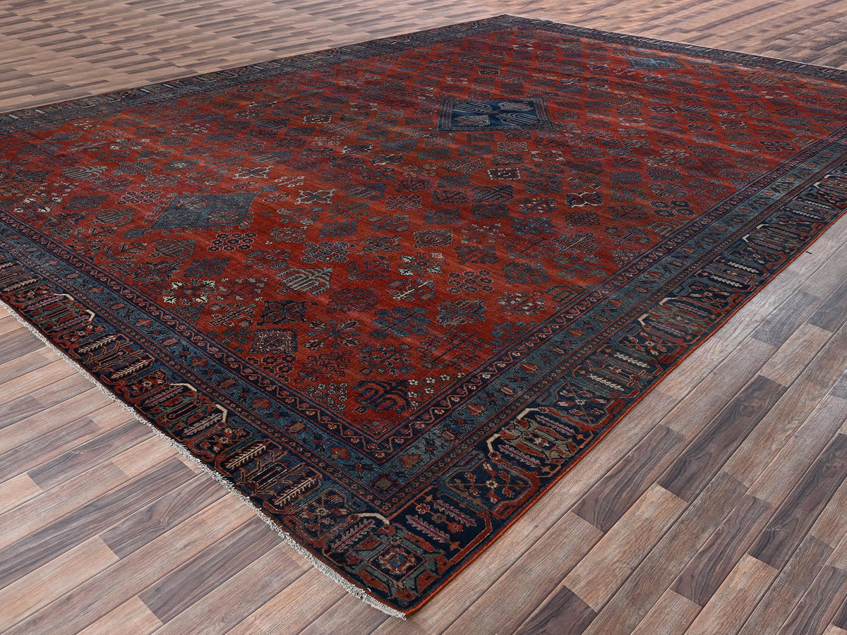 Antique hand-knotted wool rug in Red & Blue, 12'6" x 17'9" — SKU O02058 (view 3)