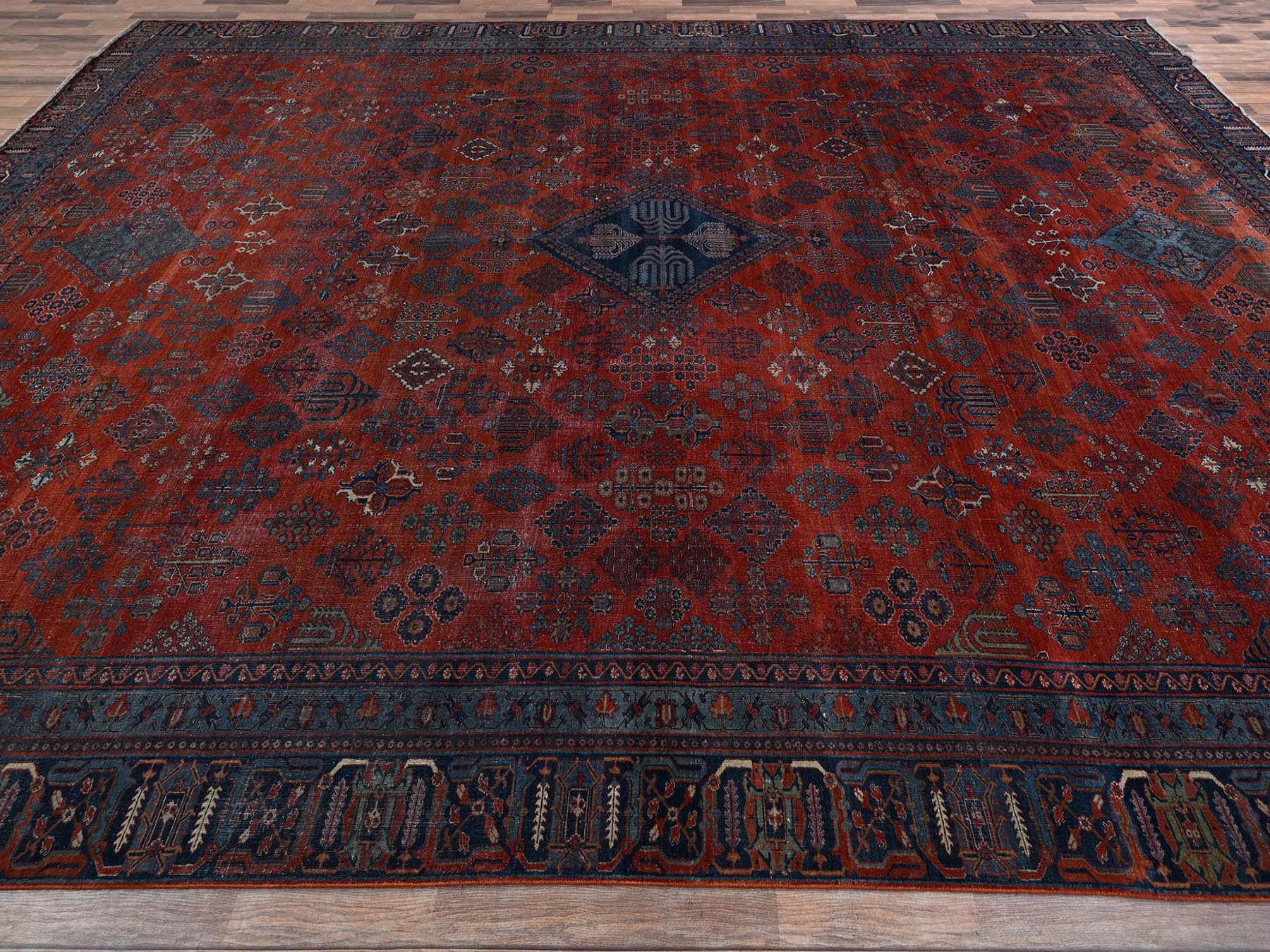 Antique hand-knotted wool rug in Red & Blue, 12'6" x 17'9" — SKU O02058 (view 4)