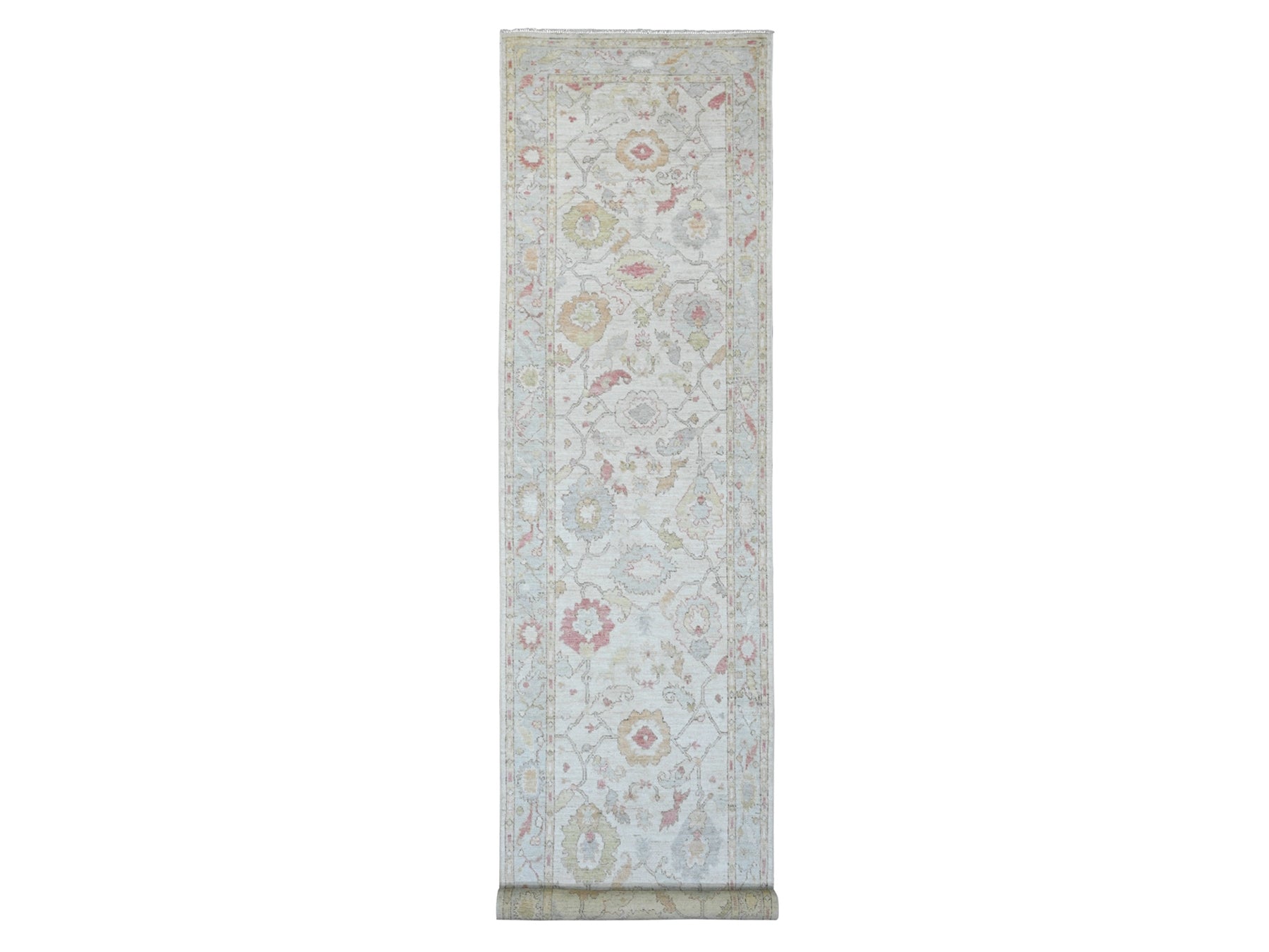 Oushak Oushak hand-knotted wool runner in Ivory & Light Blue, 4' x 19'2" — SKU O020595