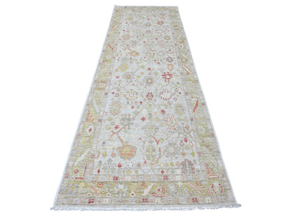 Oushak Oushak hand-knotted wool runner in Ivory & Green, 3'11" x 11'9" — SKU O020600