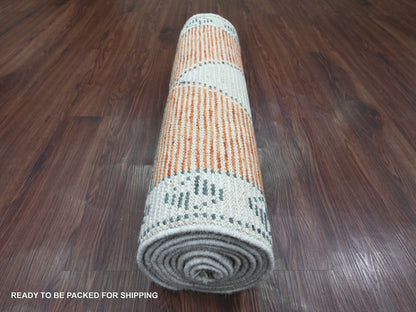 Tribal & Geometric hand-knotted wool runner in Orange & Ivory, 2'7" x 10'2" — SKU O020619 (view 4)