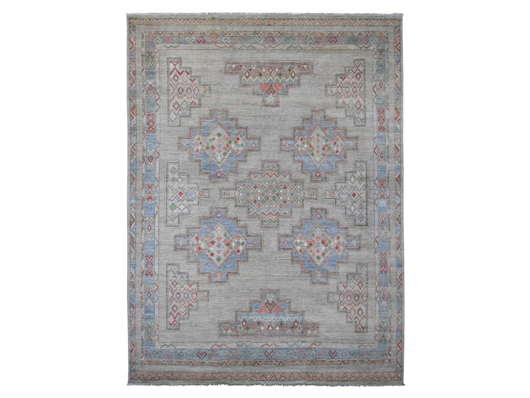 Peshawar Tribal & Geometric hand-knotted wool rug in Ivory & Blue, 8'8" x 11'8" — SKU O020636